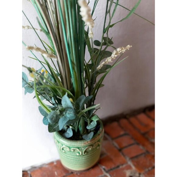 Artificial Grass & Floral Arrangement In Green Ceramic Pot - Picture 3 of 8